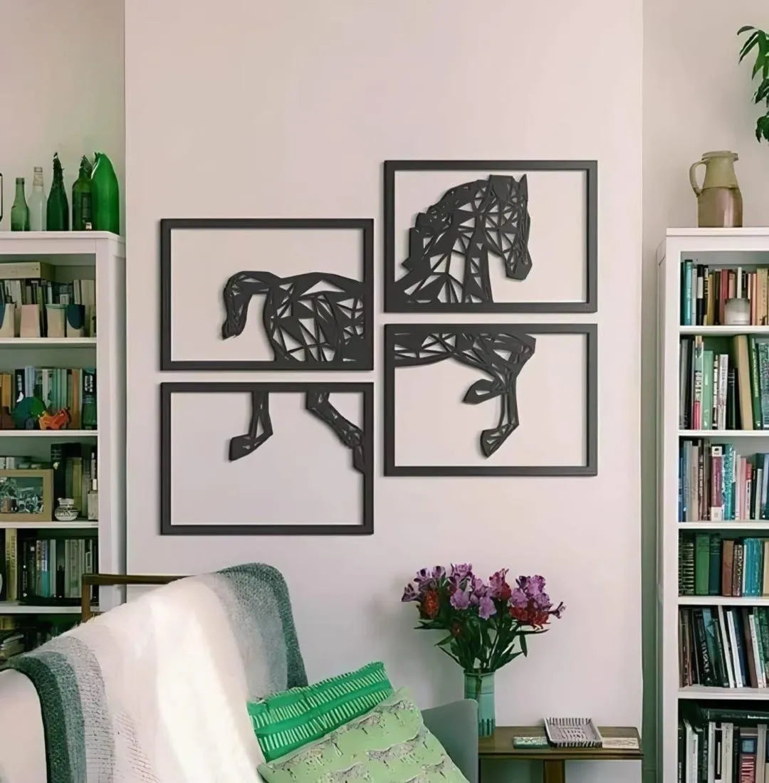 4-Piece Abstract Horse Wall Art Set Black MDF