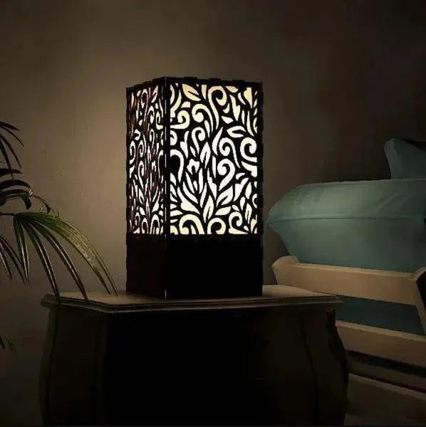 Wooden Side Table Lamp with Laser Cut Floral Design