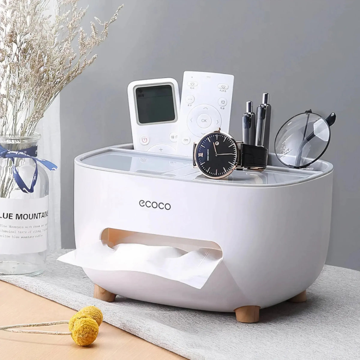 Ecoco Sleek Desktop Tissue Box Holder with Storage Drawer – Modern Room Accent