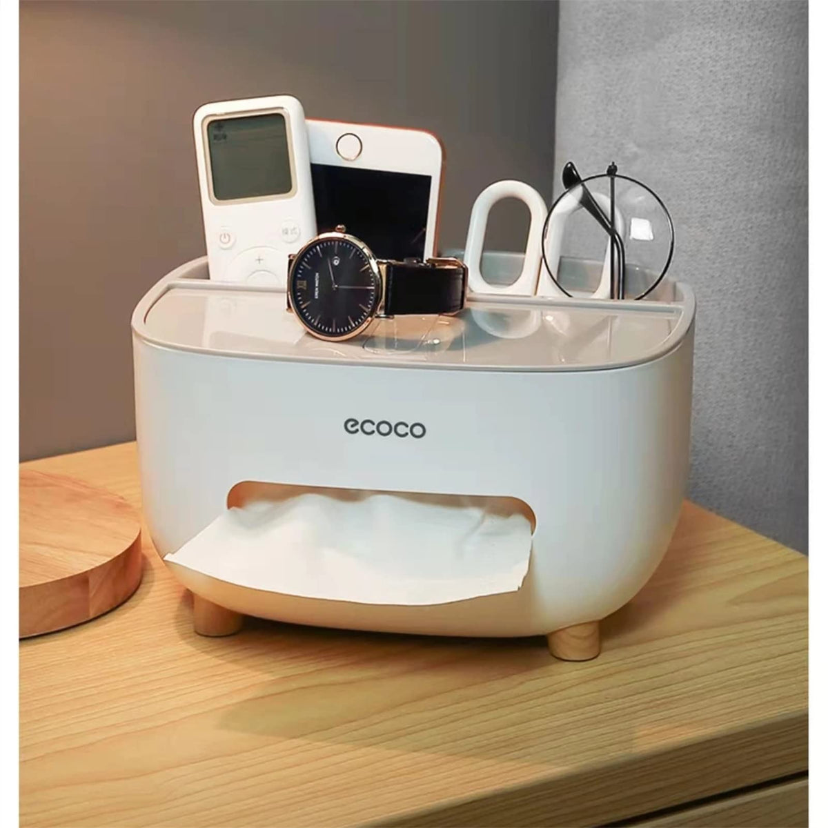 Ecoco Sleek Desktop Tissue Box Holder with Storage Drawer – Modern Room Accent