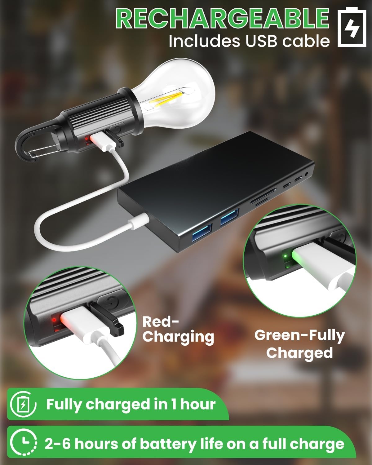 T01 Type-C Rechargeable LED Camping Bulb with Hanging Hook | Portable Warm Light Tent Lamp