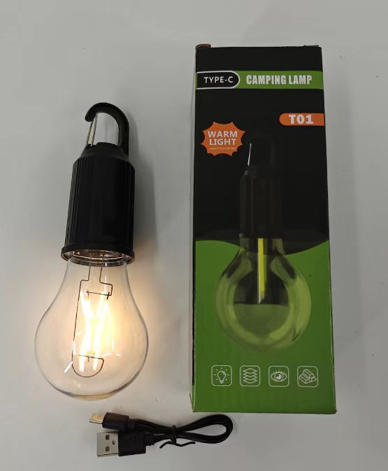 T01 Type-C Rechargeable LED Camping Bulb with Hanging Hook | Portable Warm Light Tent Lamp