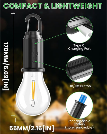 T01 Type-C Rechargeable LED Camping Bulb with Hanging Hook | Portable Warm Light Tent Lamp