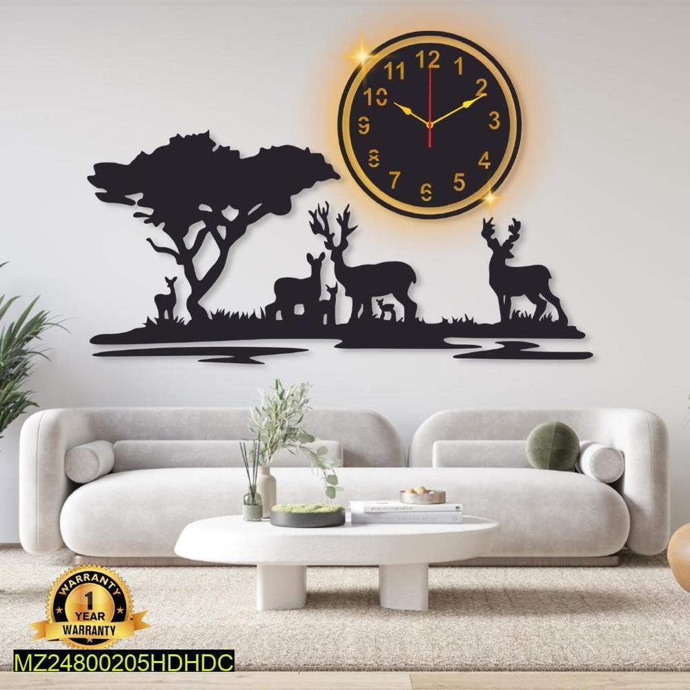 Grazing Deer Wall Clock Black Backlit 30x20"