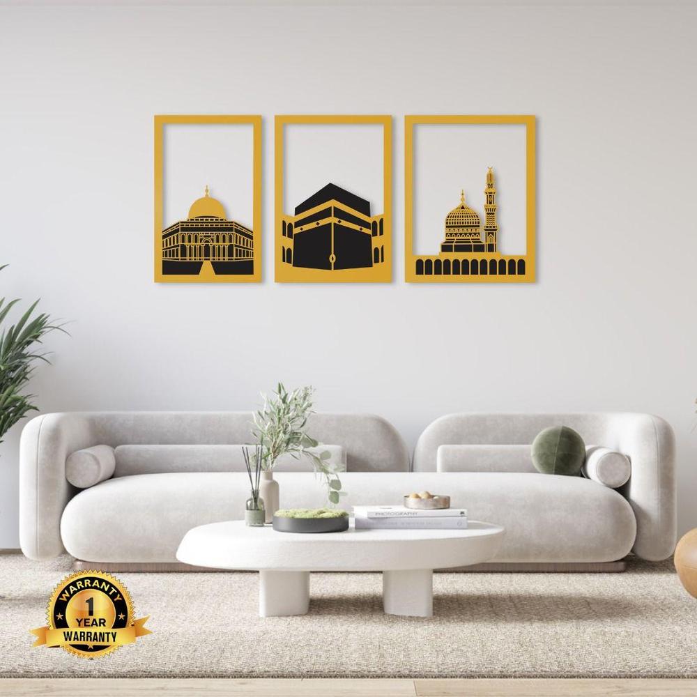 Three Frame Kaba Wall Art Set Black Gold 40x16"