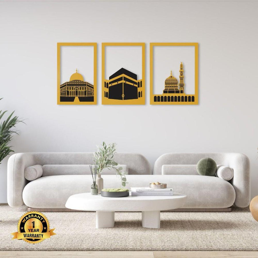 Three Frame Kaba Wall Art Set Black Gold 40x16"