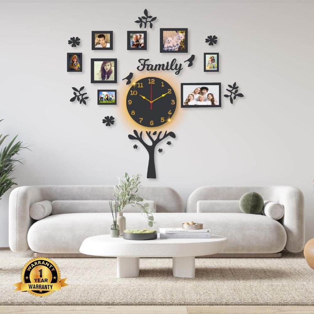 Family Tree Wall Clock with Backlight & Photo Frames